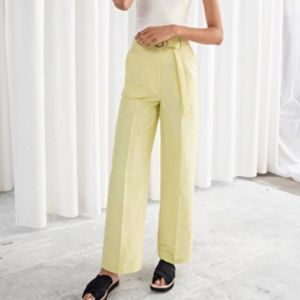 & other stories belted cotton linen blend trousers yellow wide leg retro